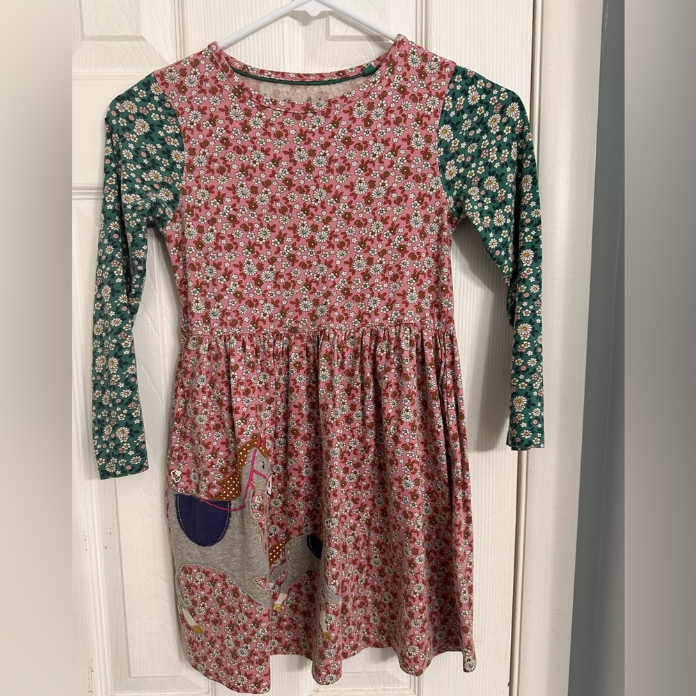 Mini Boden  multi Floral Dress, with patchwork details of horses.